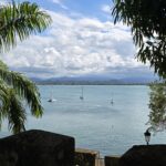 Picture of the ocean from travel to Old San Juan Puerto Rico framed by Palm Trees with Mountains in the backdrop and some sailboats on the water.