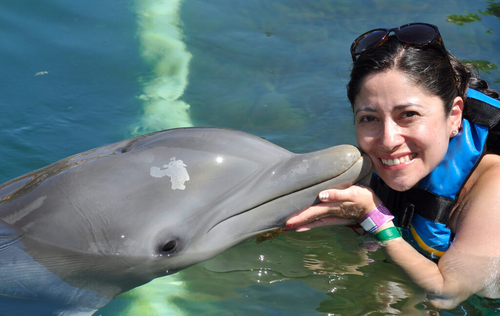 woman swimming wit dolphin
