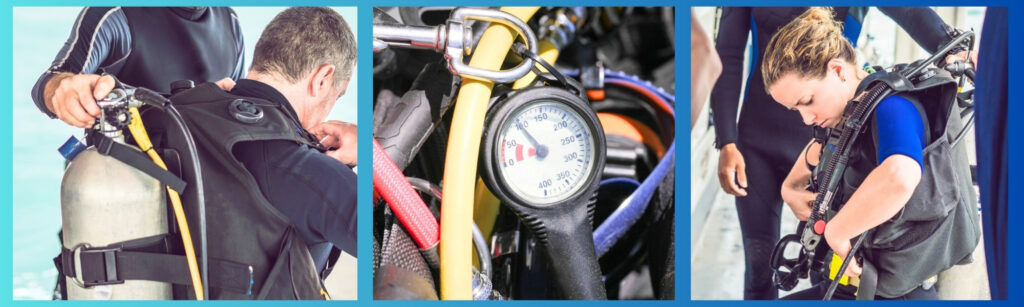 Individuals preparing scuba diving gear, including a tank and pressure gauge, before entering the water.