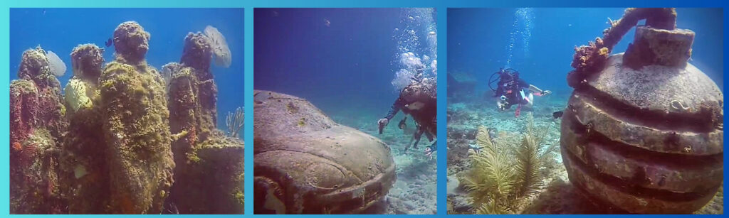 Diverse underwater sculptures and a diver exploring a submerged landscape filled with marine life and historical artifacts.