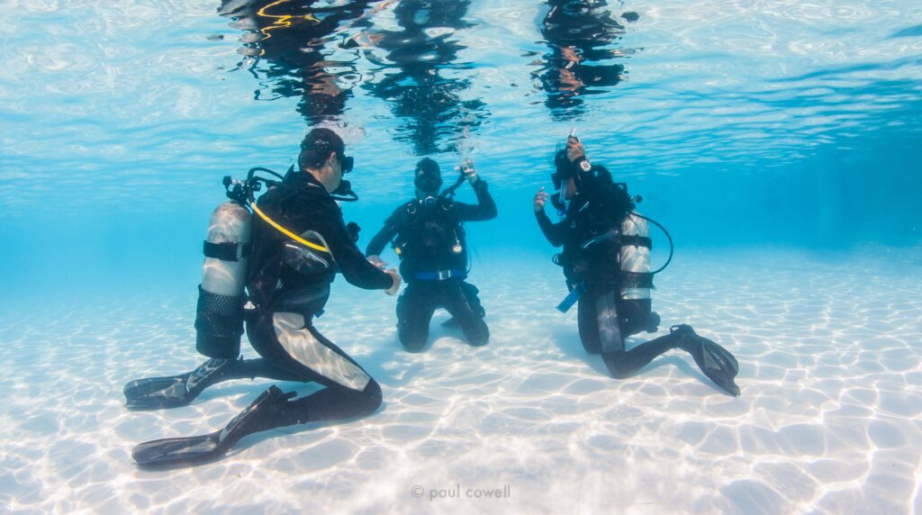 Three divers practicing underwater in a clear turquoise pool, showcasing their scuba gear and diving techniques.