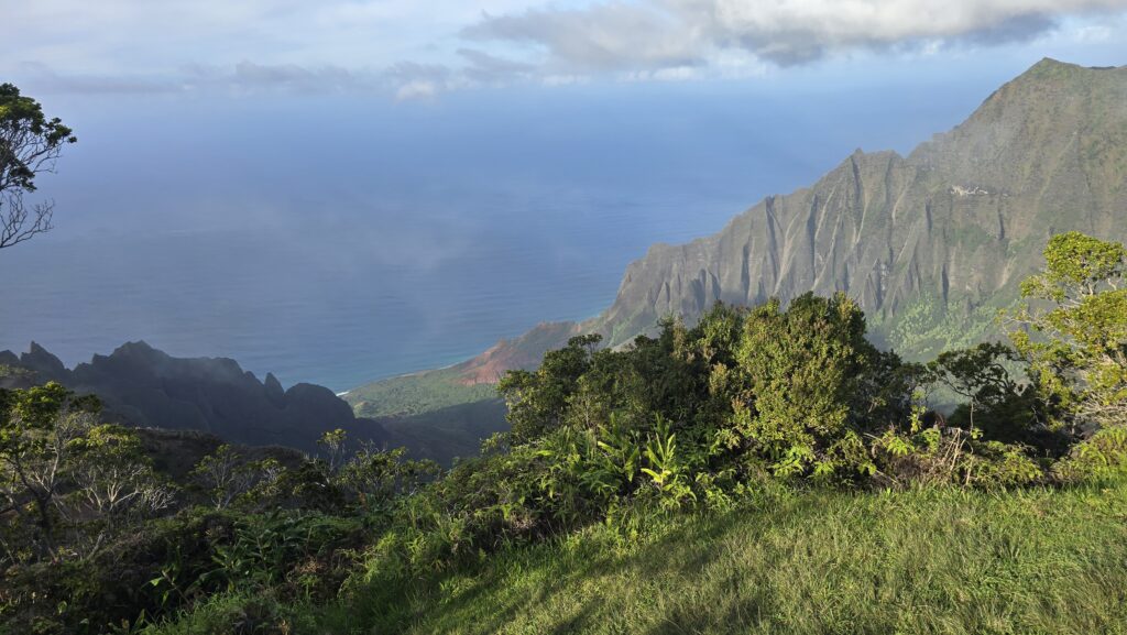 A breathtaking view of steep cliffs and lush greenery with the ocean stretching into the distance under a partly cloudy sky.
