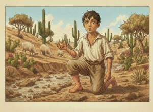 A young boy kneels by a stream in a desert landscape, holding a small golden object, while sheep graze nearby under a bright sky filled with scattered clouds.