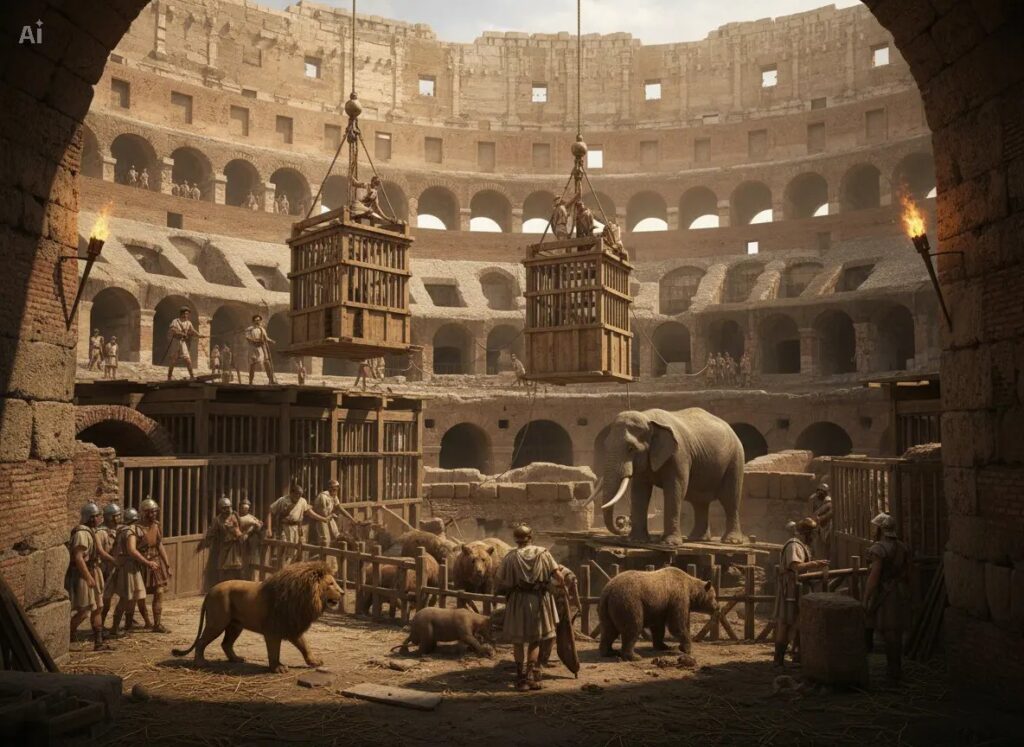 A scene depicting the inside of the Roman Colosseum featuring an elephant and various animals being prepared for entertainment, surrounded by Roman soldiers and spectators.