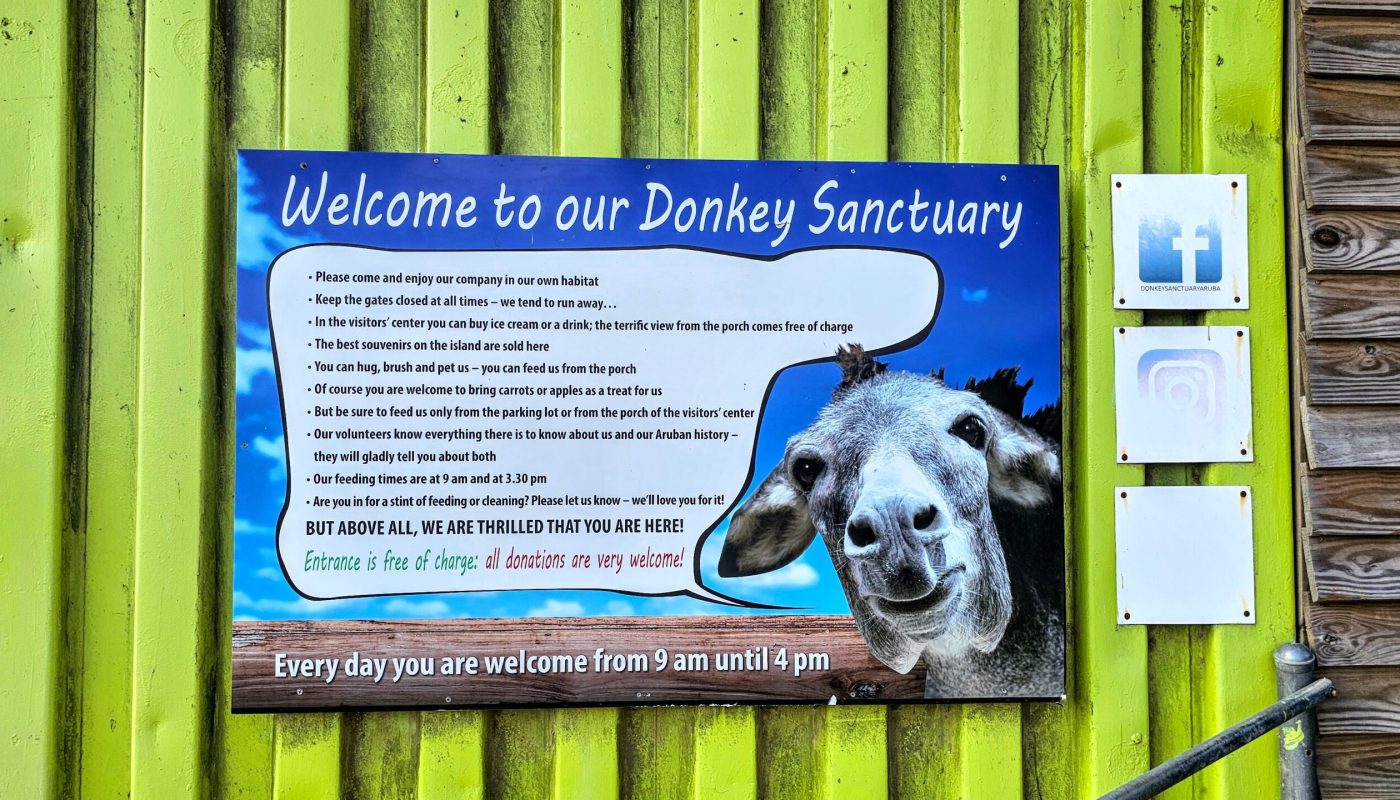 The Bushiribana Gold Mill Ruins In Aruba A vibrant sign welcoming visitors to a donkey sanctuary, outlining guidelines and information for guests, alongside a friendly donkey image.