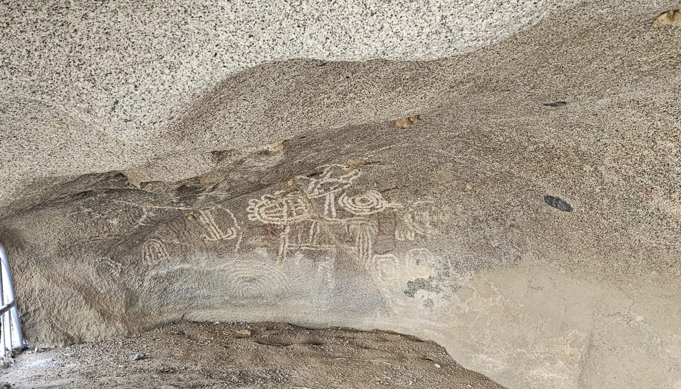 The Bushiribana Gold Mill Ruins In Aruba A close-up view of prehistoric rock engravings on a cave wall, showcasing intricate designs and figures.