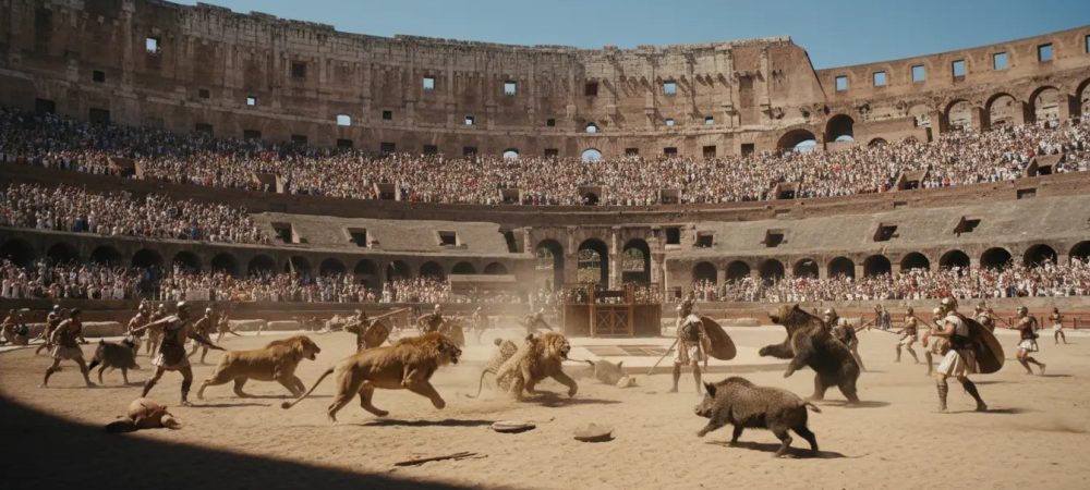 A dramatic scene of gladiators battling lions and boars in the Colosseum, surrounded by thousands of spectators.