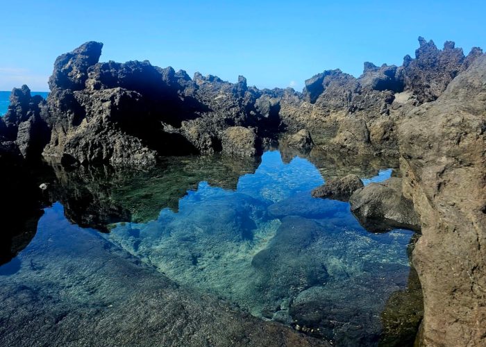 A serene view of rock pools reflecting the sky, surrounded by rugged coastline and clear waters.
