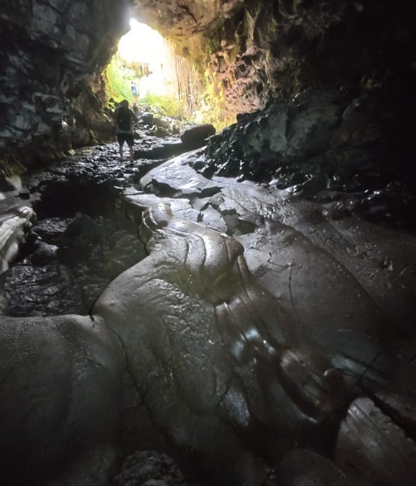 A view inside a lava tube, with two people in the distance and natural light illuminating the rocky interior.