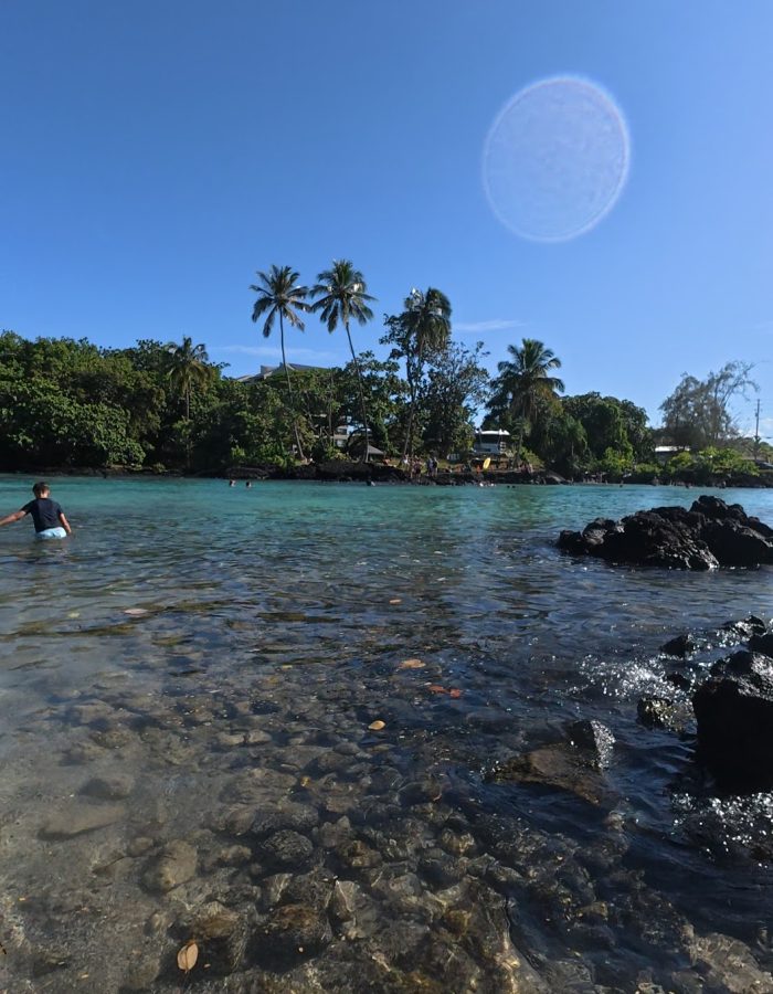A tranquil scene of a clear lagoon, featuring a person wading in the water, surrounded by lush greenery and palm trees under a bright blue sky.