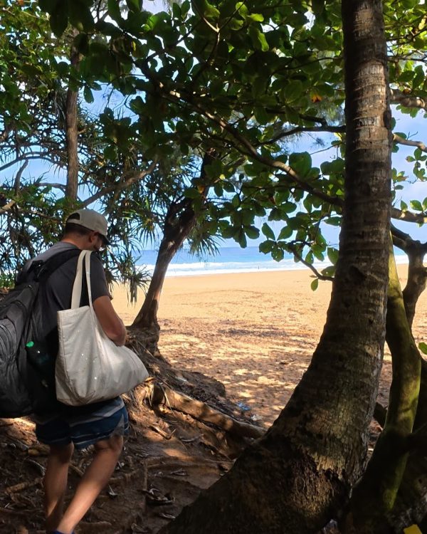 A person walking towards a sandy beach, carrying a backpack and a tote bag, surrounded by green foliage and trees.