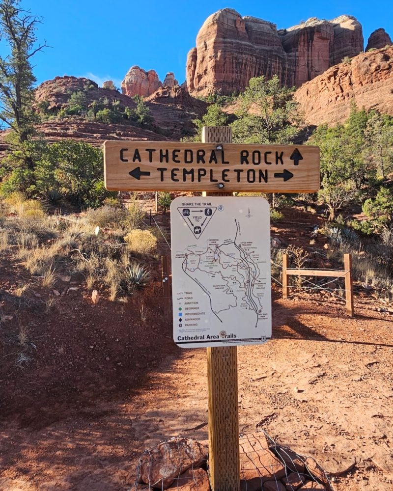 A wooden trail sign pointing to Cathedral Rock and Templeton with a map of the surrounding area in the background.