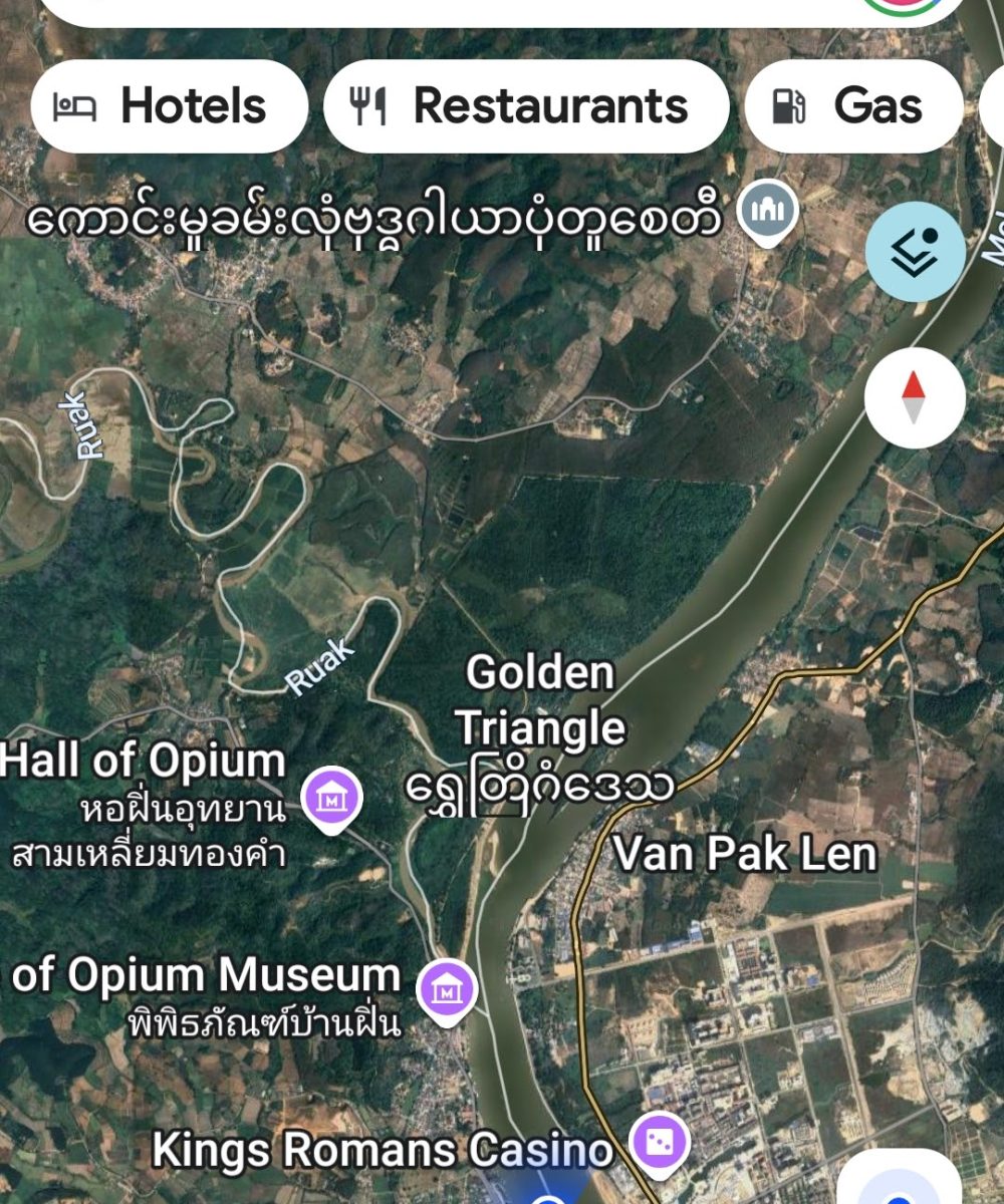 The White Temple, Chiang Rai A detailed map highlighting the Golden Triangle region, showing landmarks like the Hall of Opium and Kings Romans Casino along the Ruak River.