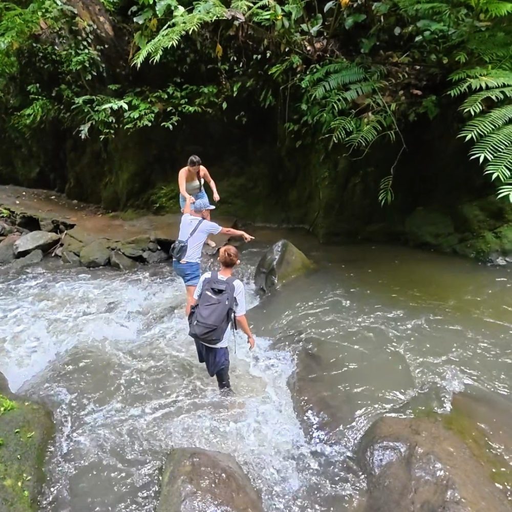 Casaroro Falls — An Adventurous Hike That Was A Little More Than I Expected Three individuals navigate rocky terrain while crossing a stream in a vibrant, green, tropical forest.