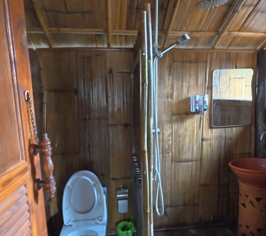 Overnight Stay At Chai Lai Orchid Elephant Sanctuary in Thailand A shot of a rustic bathroom featuring a toilet, shower, and natural materials like bamboo and wood.