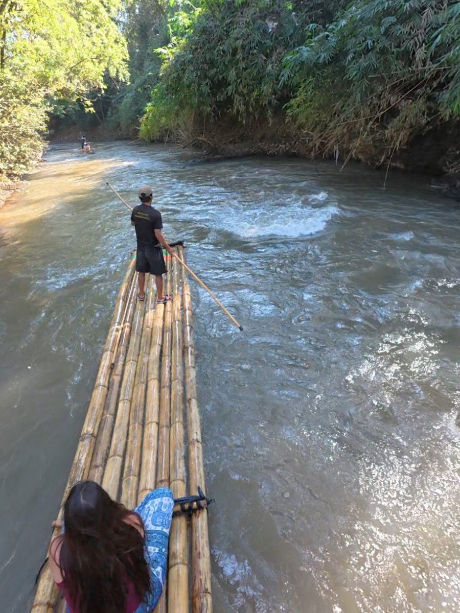 Overnight Stay At Chai Lai Orchid Elephant Sanctuary in Thailand View of two people navigating a river on a bamboo raft surrounded by lush greenery.
