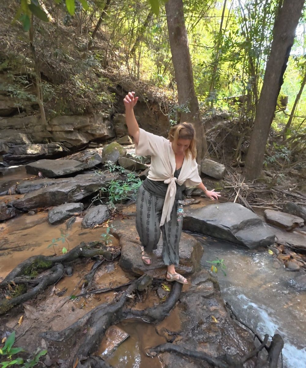 Overnight Stay At Chai Lai Orchid Elephant Sanctuary in Thailand A person navigating over rocks and tree roots near a stream in a lush, green forest setting.
