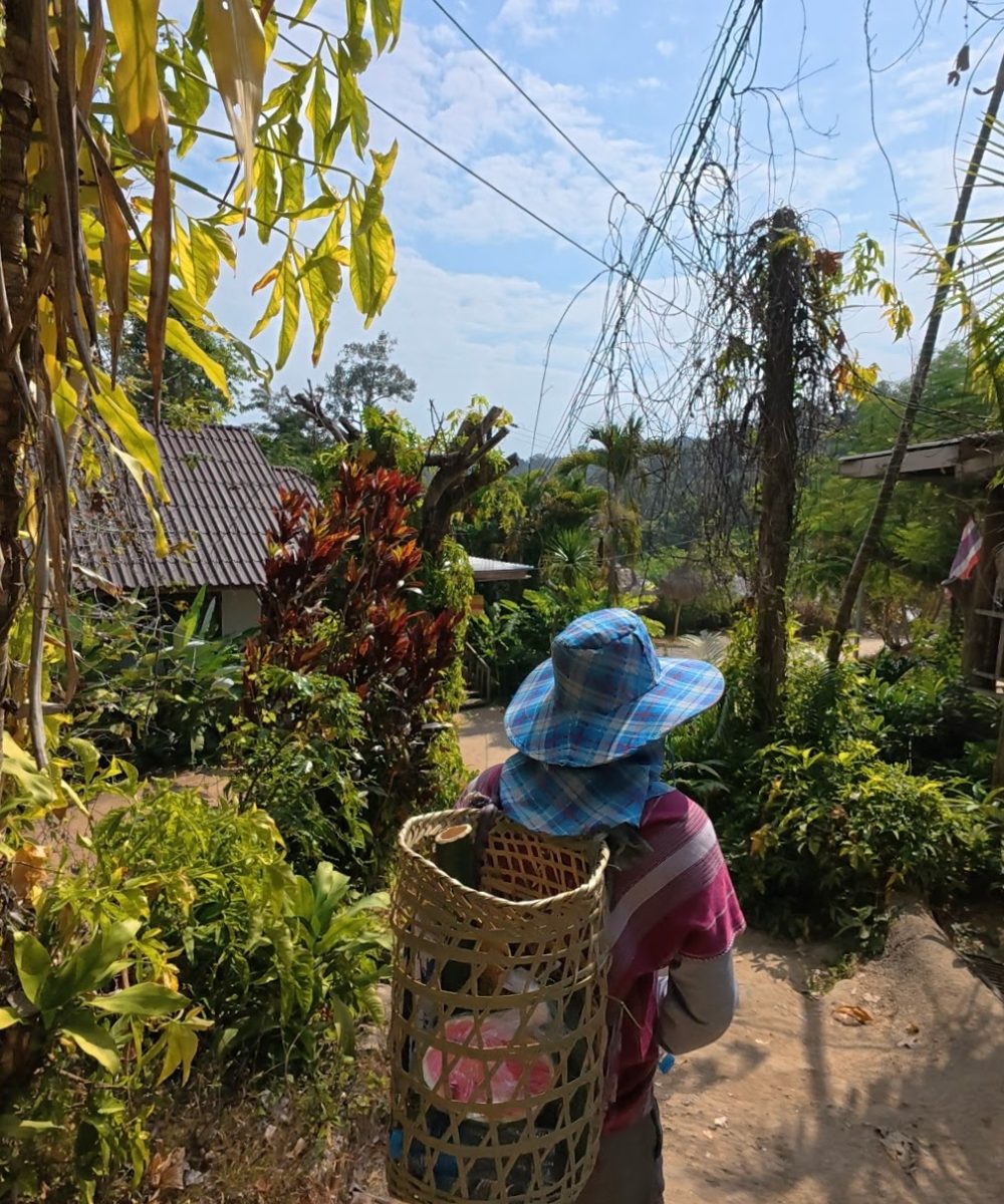 Overnight Stay At Chai Lai Orchid Elephant Sanctuary in Thailand A person wearing a patterned hat and carrying a woven basket walks through a lush, green village path with vibrant foliage and a clear blue sky.