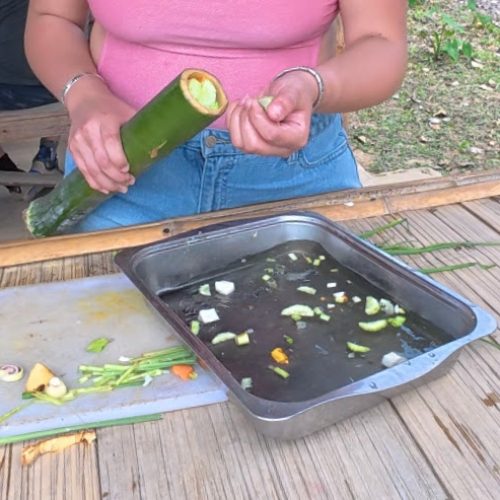 Overnight Stay At Chai Lai Orchid Elephant Sanctuary in Thailand A person slicing through a green vegetable while surrounded by chopped vegetables in a metal tray and a wooden surface.