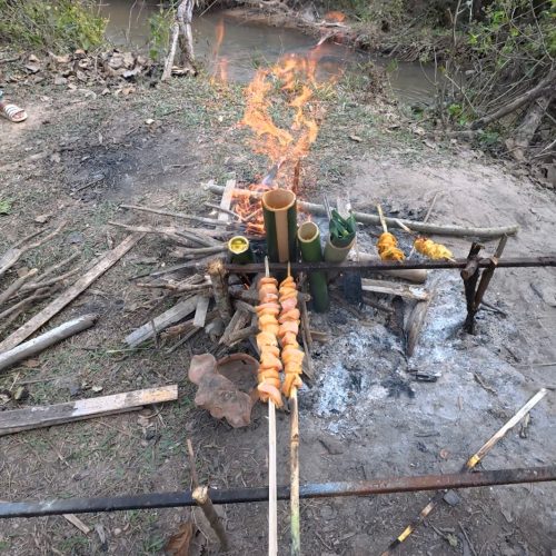 Overnight Stay At Chai Lai Orchid Elephant Sanctuary in Thailand Chickens skewered and grilling over an open flame near a creek in a natural setting.