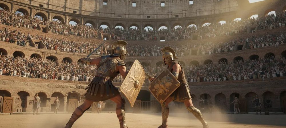 Two gladiators clash in a dramatic fight inside a grand coliseum, surrounded by an excited crowd.