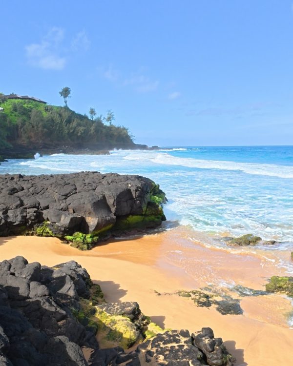 A picturesque beach scene featuring rugged black rocks, golden sand, and gentle waves under a clear blue sky.